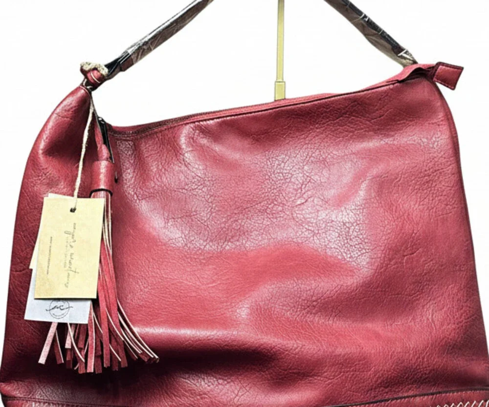 Rich Red Leather Hobo Bag with Braided Trim & Tassel Detail